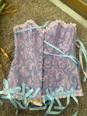 Lavender and Pale Pink Brocade Corset with Blue Ribbon Accents